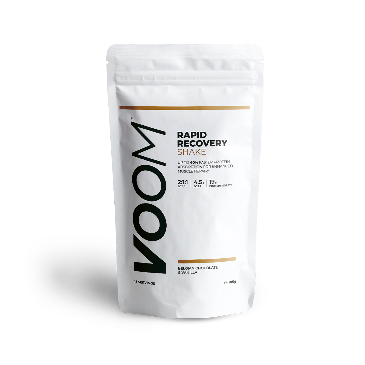 A white, biodegradable pouch of VOOM Rapid Recovery drink with protein isolate