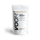 A white, biodegradable pouch of VOOM Rapid Recovery drink with protein isolate